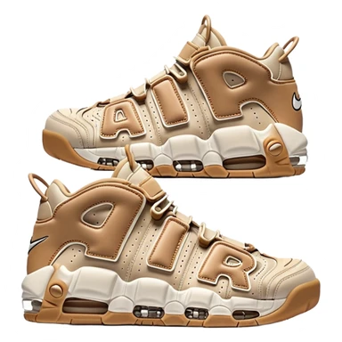 Clean iOS-style emoji of a pair of beige Nike Air More Uptempo sneakers, with left and right shoes arranged with one slightly behind the other, simple minimal design with subtle shadows sticker