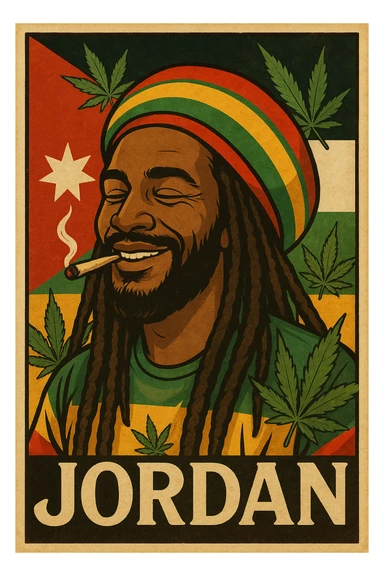 A digital vintage-style poster illustration of a Jordanian Rasta man with dreadlocks, wearing a red, yellow, green striped tam hat. He is smiling peacefully with a lit herbal spliff in his mouth. The background features the official Jordan flag — black, white, green horizontal stripes with a red triangle and a white 7-point star — accurately displayed behind him. Cannabis leaves are tastefully arranged around the composition, and the poster includes Rasta color textures blended with the Jordanian palette. Use a retro poster style with warm, slightly aged textures, bold outlines, and soft shading to evoke a soulful reggae vibe that honors both Jordanian pride and Rasta spirit. The mood is chill, powerful, and respectful sticker