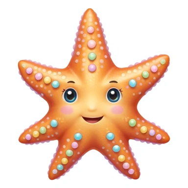 extremely cute, detailed starfish, shiny plastic look, tiny cheeks, huge sparkling eyes with highlights, happy smile, fine textures, soft pastel colors with bright accents, small accessories like bows, detailed shading sticker