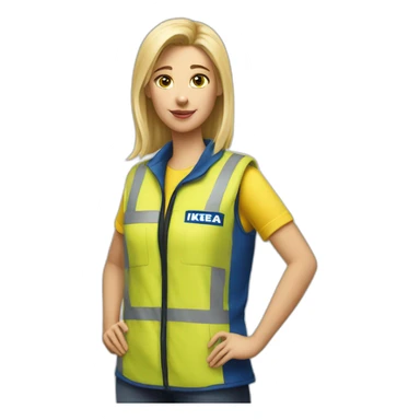 Ikea coworker blond woman blue stripes t-shirt and yellow security vest sticker