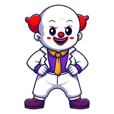 full-body demonic clown in a white leisure suit with bellbottom pants, bald, black ram horns, elevator shoes, flashy belt, ruffled shirt, colorful tie sticker