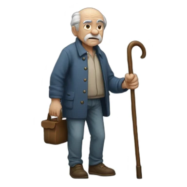 Old man leaning on a walking cane and holding his crancky back with his hand, grumpy face, detailed sticker