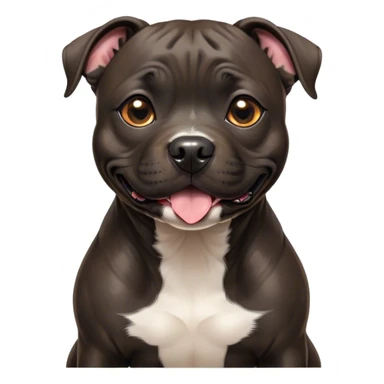Cinematic Cute Black/Brindle Staffordshire Bull Terrier Portrait Emoji, Head tilted playfully and inquisitively, featuring a glossy Fur with a dynamic mix of black and brindle, round, sparkling dark eyes filled with curiosity, Simplified yet irresistibly adorable features, highly detailed, glowing with a warm, friendly glow, high shine, affectionate and spirited, stylized with a touch of whimsy, bright and endearing, soft glowing outline, capturing the essence of a mischievous yet loving pup, so playful it feels like it could bound out of the screen and into your arms! sticker