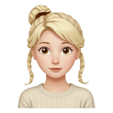blonde hazel eyes woman with a white cable knit sweater and one messy bun with tendrils of hair flowing down her face and she is happy pale, some freckles, blush. she has a cateye wing and long lashes sticker