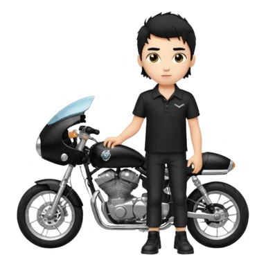 generate a pretty fair bratz boy with a messy mullet (black hair), wearing a BLACK polo.  standing witha superbike sticker