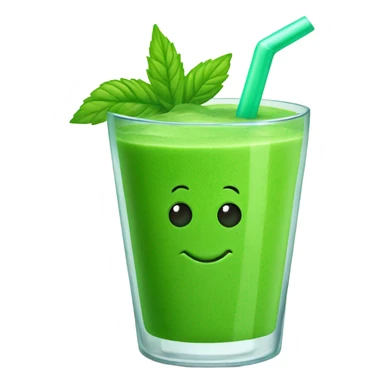 Generate a bright green smoothie emoji in a glass cup with a straw, decorated with a mint leaf and a smile. sticker