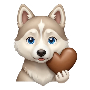Beige husky with blue eyes holding a brown heart sticker