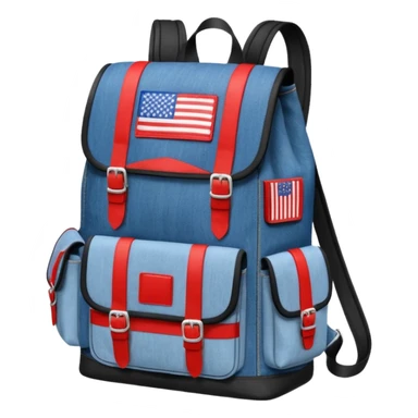 a blue denim backpack with a flap top, two vertical black buckle straps on the front. The backpack has two side pockets and a soft square shape. at front view bottom pocket, red and with two divided logo like simple american flag

 sticker