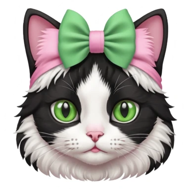 A black and white cat with green eyes she has a bow on her head she’s kinda fluffy  sticker