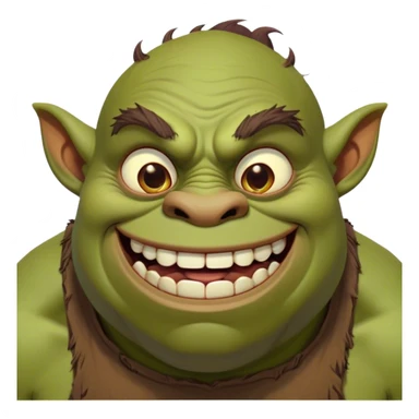 Cinematic Comical Ogre Portrait Emoji, with a strikingly exaggerated, bulky figure in vivid earthy greens and browns, head tilted in a dramatically surprised expression with wide, comically bulging eyes and a goofy, oversized grin, simplified yet hilariously exaggerated, highly detailed with a soft, cartoonish glowing outline capturing the playful absurdity of a meme-worthy ogre! sticker