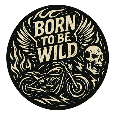circular design pattern for a motorcycle helmet with transparent background, featuring the text 'Born to be wild' prominently, including motorcycle motifs such as a motorcycle, flames, wings, and skull, in a unique and distinct graphic style different from previous styles sticker