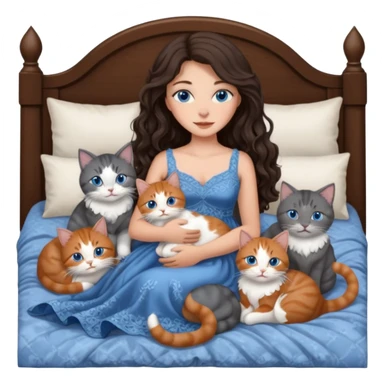 detailed realistic looking a dark grey and white cat regally laying with six other cats, cuddling with their owner in bed who is a pretty bratz lightly tanned white girl with long dark brown hair, blue eyes and gorgeous long wavy hair wearing a pretty detailed dress sticker