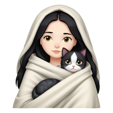 A girl with fair skin and long black hair wrapped in a blanket hugging a black and white cat sticker