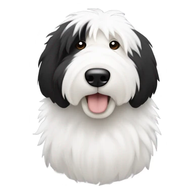 Old English sheepdog with a half and half face like a black (left) and white (right) cookie sticker
