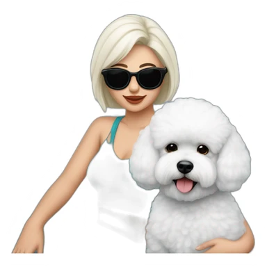 mujer piel blanca pelo negro largo con perro bichon blanco y unas gafas rosas en un prado verde con amapolas azules  sticker