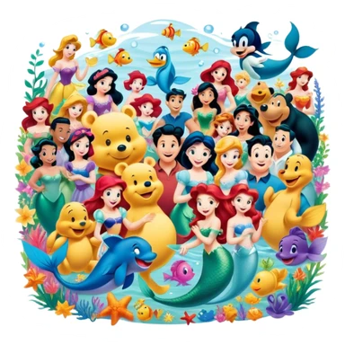 Icon for Animated Characters: A colorful, large-scale collage of beloved cartoon characters, including Franco, Mickey Mouse, Winnie-the-Pooh, Ariel the Little Mermaid, Jasmine and others. Bright and vibrant, full of whimsical charm. Transparent background. sticker