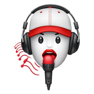 Create a dynamic and energetic emoji that represents beatboxing. The design should feature a stylized microphone with lips and sound waves emanating from it and baseball cap on it, symbolizing vocal percussion and rhythm. Add elements like headphones or a subtle speaker to emphasize the music production aspect. Use bold colors like black, white, and red to convey the intensity and creativity of beatboxing. The background should be transparent. sticker