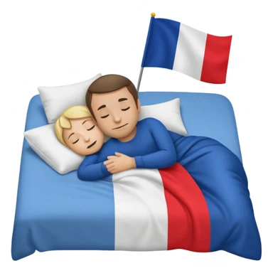 playful emoji of Macron tucked in bed, holding small French flag, sleeping soundly, emoji style sticker