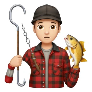 vit Ung man med svart keps röd gul rutig flanellskjorta hållandes en brun båtshake med hängande jättestor torsk sticker