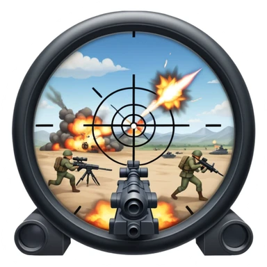 An icon symbolizing first-person shooter games. The design features a scope view with crosshairs aimed at a distant target. The background shows a battlefield with soldiers and explosions, capturing the action-packed intensity of FPS games. Transparent background. sticker