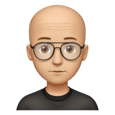 Oval-faced man with large forehead, aviator glasses, completely bald sides with extremely short dark curly hair only on crown, light brown skin, friendly neutral expression, black shirt sticker
