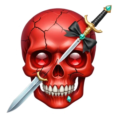 make me a red crystal skull partly see thew super gem like make it realistic and held together by a black bow and a small dager to the eye with cracks coming from it  sticker