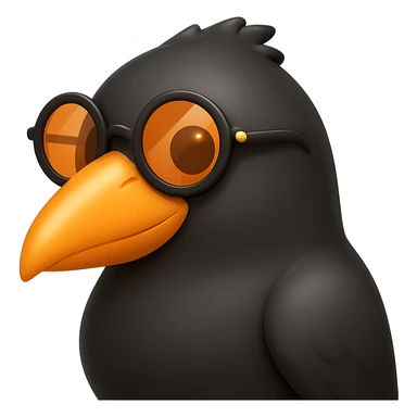Make the bird emoji more emoji-like but keep the detailed, slightly cartoonish style of the reference. Smooth out the feather texture just a bit, add a subtle emoji shine, and keep the orange beak and round sunglasses. Bird looking to the right. No background. sticker