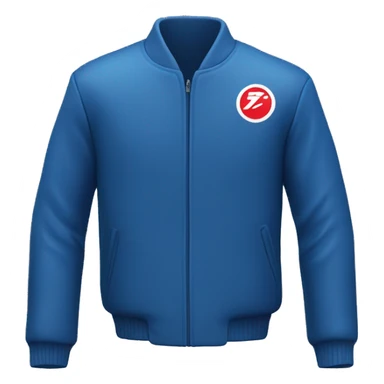 
Blue jacket with a rectangular red and white logo at the top right sticker