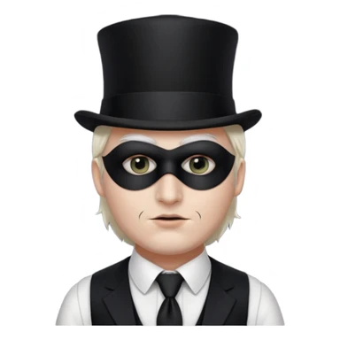 A man with white skin, a black half mask with an eye hole, a black top hat, a black vest with a black tie tucked underneath, and a white collared shirt sticker