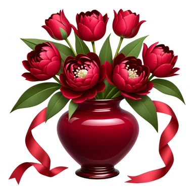 "An exquisite floral arrangement in a deep red glass vase, filled with velvety red peonies, classic roses, and striking tulips, accompanied by silky pearl-colored ribbons that drape gently over the surface." sticker