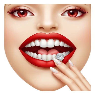 Glossy, bright red lips slightly parted. Inside, sparkling diamonds grillz. A playful tongue touching the teeth. A long, elegant fingernail with a soft white shade. No face! only lips and finger sticker