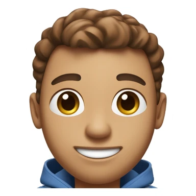 A digital 3D emoji-like face with brown hair, a small mole under the right eye, wearing white earbuds, and smiling. The character is wearing a dark blue hoodie and a black Nike crossbody bag. The background is a gradient light blue. sticker