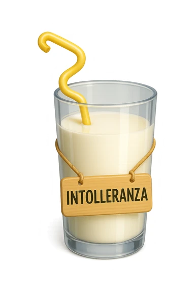 emoji stile iphone di un BICCHIERE DI LATTE CON COLON ATTORCIGLIATO INTORNO, HA UN CARTELLO CON LA SCRITTA "INTOLLERANZA" iperrealistico 4k, isolato su sfondo bianco sticker