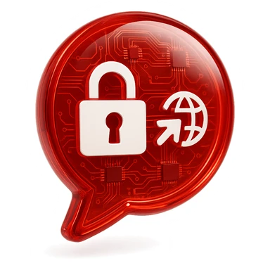 Create a Slack emoji icon in the glossy circuit style as the reference image. Show a bold and readable red chat bubble with a padlock and a small external link or globe symbol, representing a conversation blocked by an external party. The icon should be clear and recognizable at small size, with a glossy red chat bubble base and bold lines. sticker