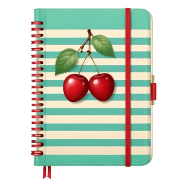 Cute vintage notebook cover, mint and cream vertical stripes, red spine
Hand-drawn cherries with leopard bow, playful feminine aesthetic
Flat illustration, clean composition, soft retro color palette sticker
