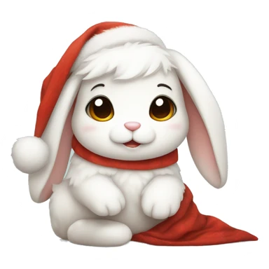 White cute fluffy bunny with brown eyes sitting wrapped in a christmas blanket with santa hat sticker