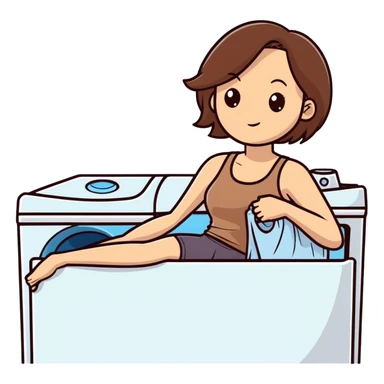 Caucasian woman with brown hair and big boobs wearing a tank top lying on a washer and dryer sticker