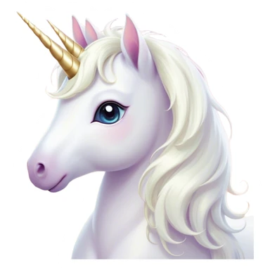 Cinematic Cute White Unicorn Portrait Emoji, Head tilted playfully and inquisitively, featuring a charming, petite form with a silky white color, a delicately flowing mane and tail, and a tiny, sparkling horn, with large, dreamy eyes full of wonder, Simplified yet irresistibly adorable features, highly detailed, glowing with a warm, enchanting glow, high shine, affectionate and lively, stylized with a touch of fairy-tale whimsy, soft glowing outline, capturing the essence of a mischievous yet endearing white unicorn that seems as if it could gallop out of the screen into your heart! sticker