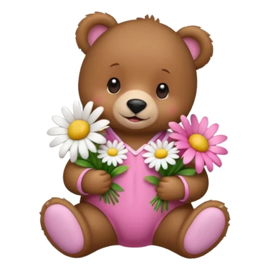 baby bear with a pink bow and onesie, holding a bouquet of daisies, surrounded by flowers, cute and cheerful, pink background, 3D iOS Apple emoji style sticker