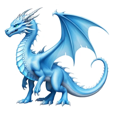 Cinematic Noble wise elegant Ice Dragon full body  Emoji, Poised and imposing, distinct long elegant snout, with a slender, scaled body shimmering in glacial hues of icy blue, frostbitten silver, and crystalline white, breathing out frost, with piercing, glowing ice blue white eyes that radiate the chilling depths of an arctic storm; rendered in detail. excuding wisdom sticker