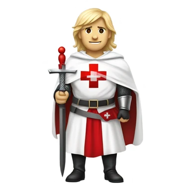 blond haired Masonic knight Templar wearing a white tunic with a Red Cross on the front and a white mantle with a hood with a Red Cross on the left side and a male face  and holding a sword. sticker