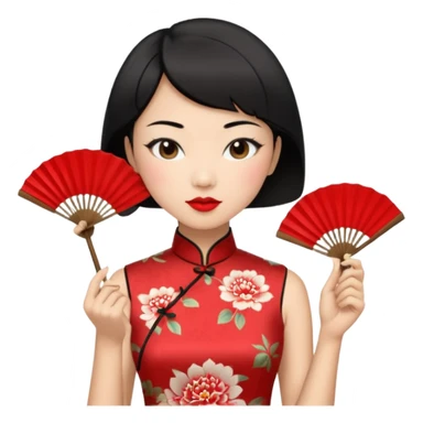 a chinese woman wearing a cheongsam holding a folding fan elegantly with fancy, red lipstick and short black hair sticker