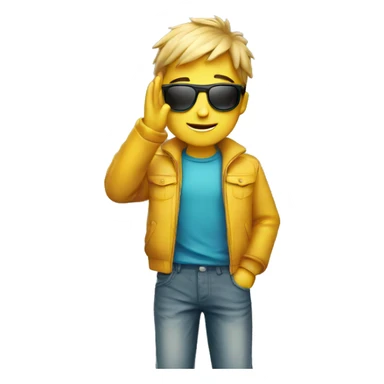 A boy  with sun glasses doing bye sticker