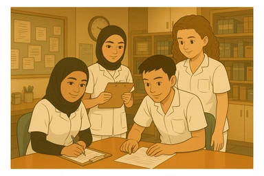 Create a collaboration scene with the four nursing students from the provided photos, in a care station, Ghibli style. White uniforms, V-neck medical tunics, left chest pocket, short sleeves, no classic collar, no accessories, warm and professional atmosphere. sticker