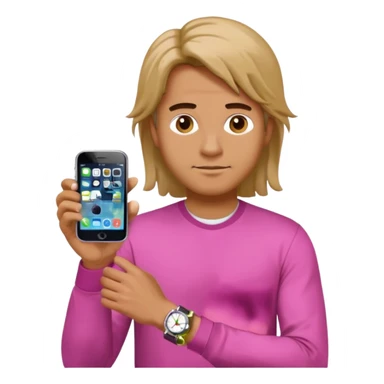 man wearing a pink long sleeve shirt, loose hair, wearing a watch on the arm, holding a cellphone in hand, apple emoji style sticker