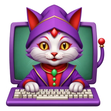 crazy colorful cute little cat jolly joker from poker, medieval, vintage, court jester, mac os icon, purple and red color, half body. The cat is represented as Code inside a retro computer terminal sticker