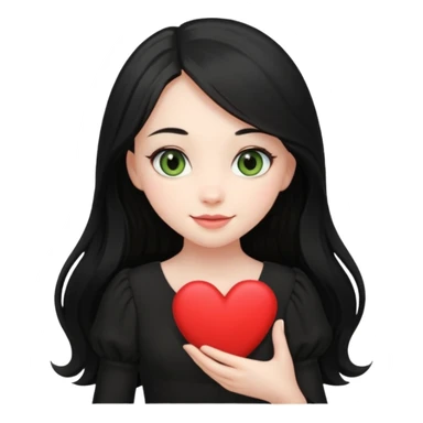 Pale girl with long black hair and olive green eyes soft smile wearing black dress and holding a heart sticker