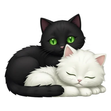Big black cat with green eyes is sleeping with a small white cat sticker