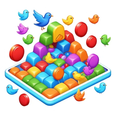 An icon representing a casual game, inspired by titles like Candy Crush. The design features colorful puzzle pieces, bouncing birds, and characters running through dynamic landscapes. Vibrant HUD elements like scores and power-ups highlight the playful. Transparent background sticker