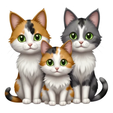 3 different coloured small cats including a dark grey and white, and a patchy calico with hazel eyes and a completely solid dark grey with green eyes and only white paws sticker